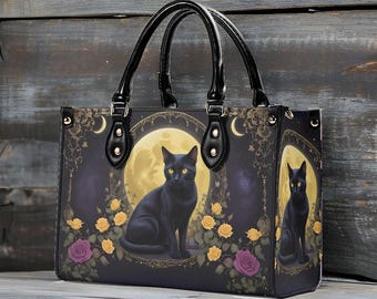 Witchy Black Cat Vegan Leather Handbag, Moon and Roses Print - Etsy