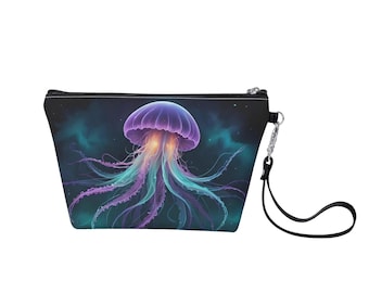 Jellyfish Galaxy Makeup Bag, Vegan Leather Zipper Pouch