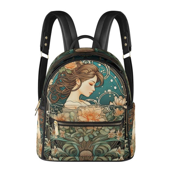 Art Nouveau Girl Vegan Leather Backpack PU Backpack Mini  display picture 1