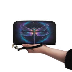 Cartera Dragonfly Galaxy de cuero vegano, linda cartera de cuero vegano, billetera con cremallera para mujer, linda cartera con múltiples bolsillos