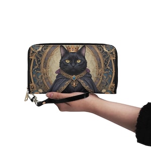 Carteira de gato preto, arte de retrato de gato, pintura facial de animal de estimação, couro vegano, carteira fofa com zíper, carteira feminina, presente fofo para amantes de gatos