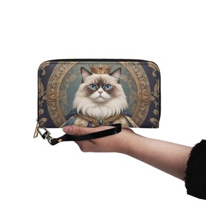 Carteira de gato birmanês, arte de retrato de gato, pintura facial de animal de estimação, couro vegano, carteira fofa com zíper, carteira feminina, presente fofo para amantes de gatos