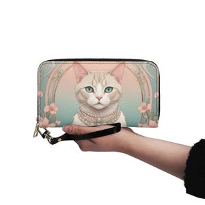 Carteira de beleza de gato pastel Carteira de couro vegano Carteira fofa de couro vegano Carteira com zíper Carteira feminina fofa com vários bolsos Ideia de presente exclusiva