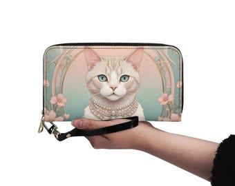 Pastel Cat Beauty Wallet Vegan Leather Cute Wallet Vegan Leather Wallet Zip Around Women Wallet Cute Multi Pocket Unique Gift Idea