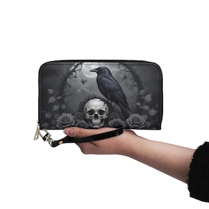 Carteira preta de caveira gótica, couro vegano, carteira fofa, carteira de couro vegano, zíper, carteira feminina, fofa, com vários bolsos, ideia de presente única
