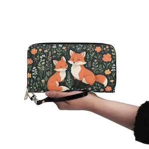 Portefeuille mignon renard en cuir végétalien Woodland Cottagecore Portefeuille mignon Portefeuille à fermeture éclair pour femme Cadeau unique Portefeuilles