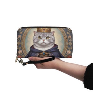 Carteira Scottish Fold para gatos, arte de retrato de gato, pintura facial de animal de estimação, couro vegano, carteira fofa com zíper, carteira feminina, presente fofo para amantes de gatos