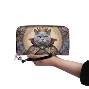 Cartera con diseño de gato británico de pelo corto, retrato de gato, pintura facial de mascota, billetera de cuero vegano, linda billetera con cremallera, billetera para mujer, lindo regalo para amantes de los gatos
