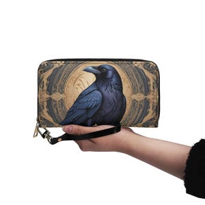 Carteira Witchy Raven Carteira de couro vegano Carteira fofa de couro vegano Carteira com zíper Carteira feminina fofa com vários bolsos Ideia de presente única