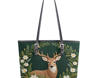 Deer Forest Green Bag Faux Embriodery Style Print PU Leather Tote Bag