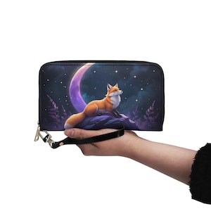 Carteira Fox and Moon Couro Vegano Carteira Bonita Carteira de Couro Vegano Carteira Feminina com Zíper Carteira Bonita com Vários Bolsos