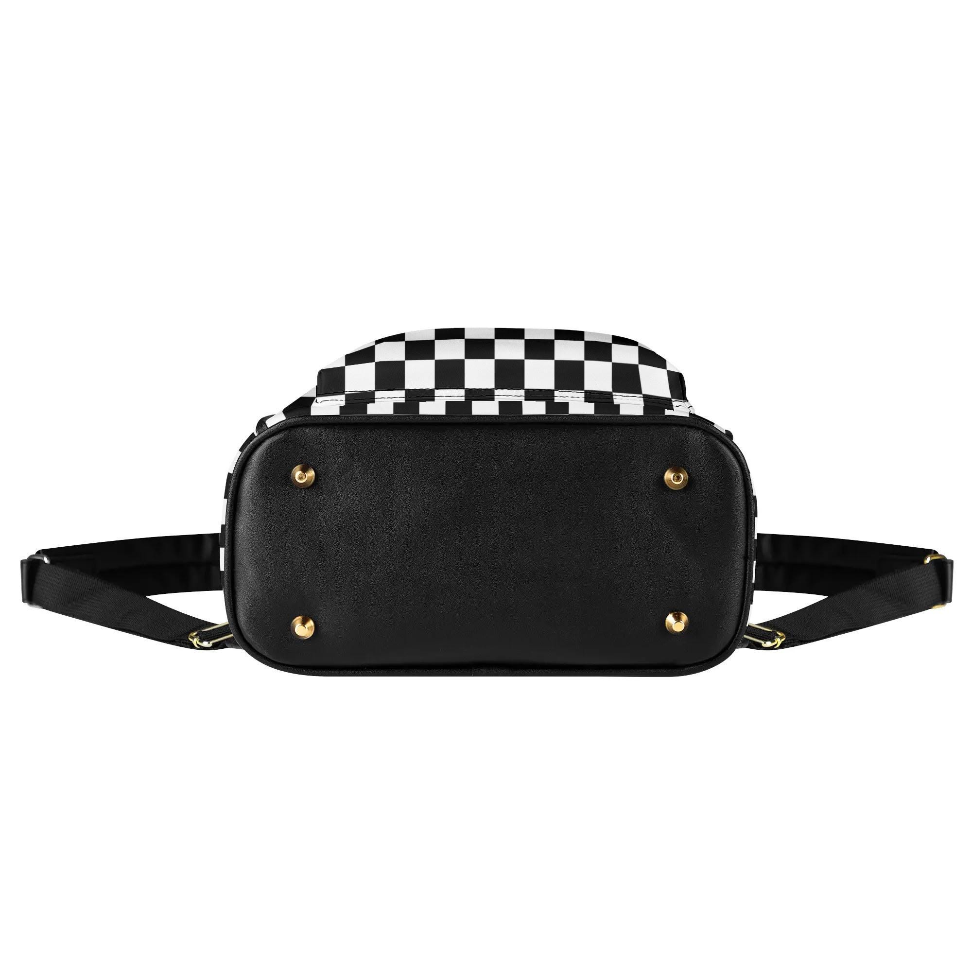 Checkered Mini Backpack: Black & White Vegan Leather, Cute 