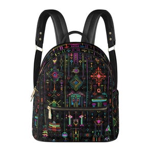 Futuristic Ethnic Vegan Leather Backpack PU Backpack Mini Backpack Cute Bags for Girls Women Gift Bags