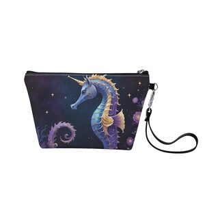 Borsa per il trucco con cerniera a forma di cavalluccio marino magico Borsa carina Borsa con cerniera in pelle vegana Astuccio per matite Astuccio per articoli da toeletta