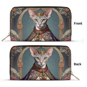 Carteira de gato oriental de pelo curto, arte de retrato de gato, pintura facial de animal de estimação, couro vegano, carteira fofa com zíper, carteira feminina, presente fofo para amantes de gatos