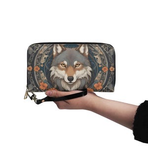 Carteira com estampa de lobo, couro vegano, carteira fofa, carteira de couro vegano, zíper, carteira feminina, fofa, com vários bolsos, ideia de presente única