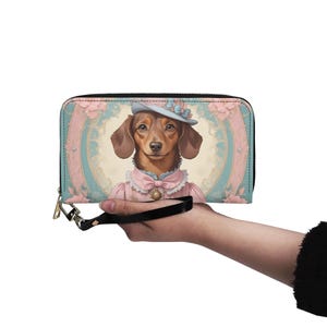 Carteira de cachorro Dachshund Carteira fofa de couro vegano Carteira de couro vegano com zíper Carteira feminina fofa com vários bolsos Ideia de presente exclusiva