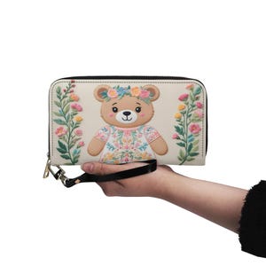 Carteira de couro vegano com estampa de urso de pelúcia falso bordado, carteira fofa, carteira feminina com zíper, carteiras de presente exclusivas
