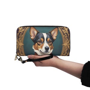Carteira de arte com retrato de cachorro real, carteira fofa de couro vegano, carteira de couro vegano com zíper, carteira feminina fofa com vários bolsos, ideia de presente exclusiva