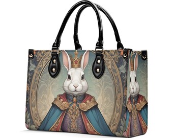 Rabbit King Print PU Leather Handbag, Regal Animal Crossbody Bag