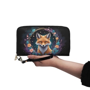 Carteira Retro Fox Carteira de Couro Vegano Bonita Carteira de Couro Vegano Carteira com Zíper em Volta Carteira Feminina Bonita com Vários Bolsos