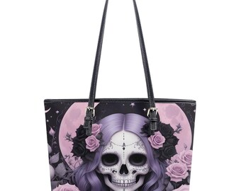Pastelgoth Skull Tote Bag Cute Tote Bag Vegan Faux Leather Shoulder Bag Large PU Leather Tote Bags with Inner Pockets, Zip Enclosure