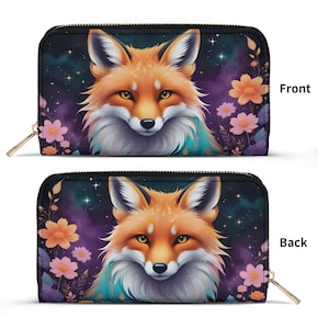 Portefeuille renard floral en cuir végétalien mignon portefeuille en cuir végétalien portefeuille zippé pour femme mignon multi-poches