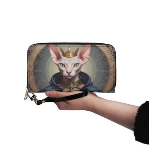 Cartera con diseño de gato Sphynx, retrato de gato, pintura facial de mascota, de cuero vegano, bonita cartera con cremallera, para mujer, bonito regalo para amantes de los gatos