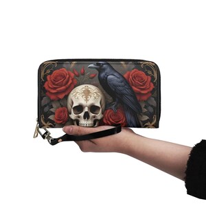 Carteira Gothic Crow Couro Vegano Carteira Bonita Carteira de Couro Vegano Carteira Feminina com Zíper e Vários Bolsos Ideia Única para Presente