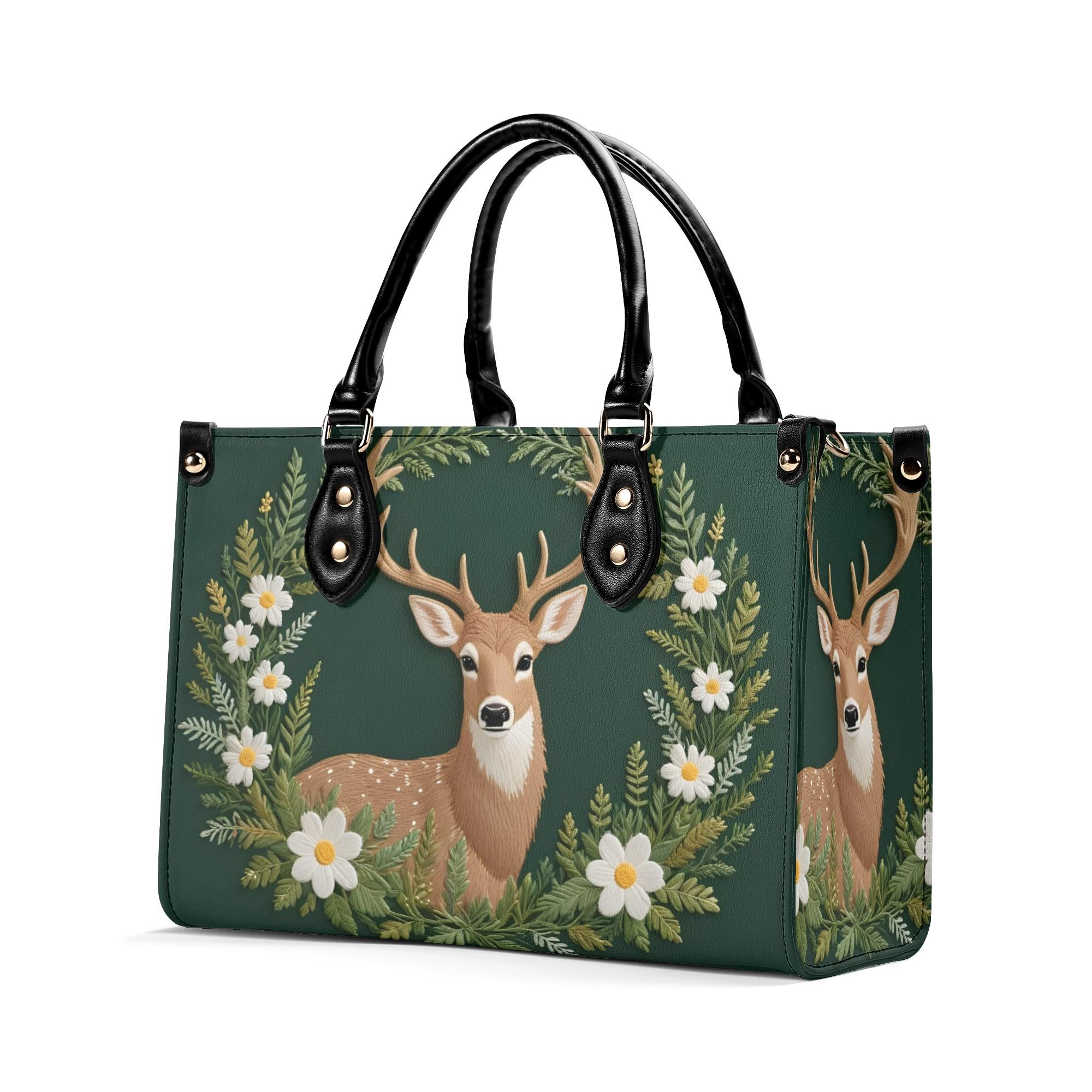 Deer Forest Green Bag Faux Embriodery Style Print PU Leather