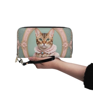 Carteira de gato de bengala, carteira fofa de couro vegano, carteira de couro vegano com zíper, carteira feminina fofa com vários bolsos, ideia de presente única