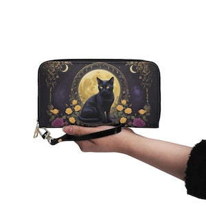 Cartera de gato negro de bruja Cartera de cuero vegano Linda Cartera de cuero vegano Cartera con cremallera alrededor Cartera de mujer Linda Multibolsillos Idea de regalo única