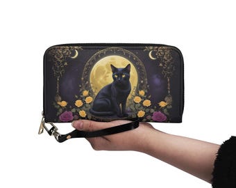 Witchy Black Cat Vegan Leather Wallet, Zip Around Women's Wallet