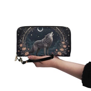 Carteira Moon Wolf Love Carteira de couro vegano Carteira fofa de couro vegano Carteira com zíper Carteira feminina fofa com vários bolsos Ideia de presente única