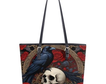 Goth Crow Skull Tote Bag Cute Tote Bag Vegan Faux Leather Shoulder Bag Large PU Leather Tote Bags with Inner Pockets, Zip Enclosure