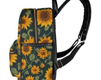 Handpainted Floral Sunflower Vegan Leather Backpack - Black & Teal Sunflower PU Leather Backpack - Etsy main image 2