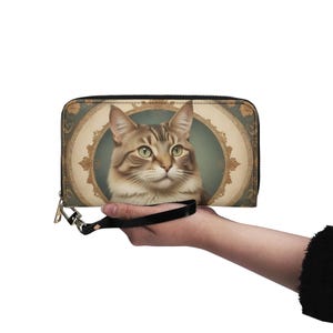 Carteira Vintage Kitty Couro Vegano Carteira Bonita Carteira de Couro Vegano Carteira Feminina com Zíper Carteira Bonita com Vários Bolsos Ideia Única para Presente