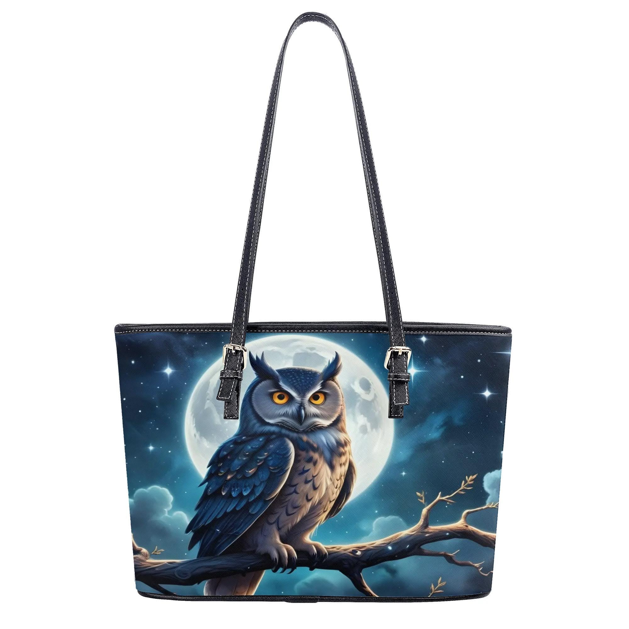 Moon Owl Tote Bag Cute Tote Bag Vegan Faux Leather Shoulder Bag Large PU Leather Tote Bags with Inne