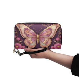Carteira de borboleta de couro vegano, carteira fofa, carteira de couro vegano com zíper, carteira feminina fofa com vários bolsos, ideia de presente única