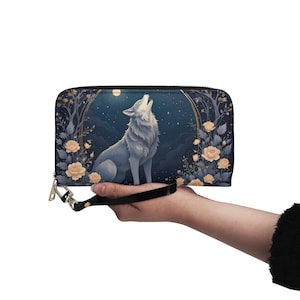 Carteira Wolf and Moon Couro Vegano Carteira Bonita Carteira de Couro Vegano Carteira Feminina com Zíper e Vários Bolsos Ideia Única para Presente