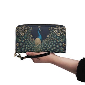 Bolsa de pavão com estampa de estilo bordado falso, carteira de couro vegano, carteira fofa, carteira feminina com zíper, carteiras de presente exclusivas