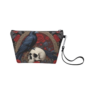 Goth Crow Skull Make Up Bag Zipper Bag Cute Bag Vegan Leather Zipper Pouch Pencil Pouch Toiletry Pouch Gift for Her Bag