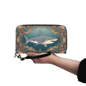 Carteira de tubarão com estampa vintage, carteira fofa de couro vegano, carteira de couro vegano com zíper, carteira feminina fofa com vários bolsos, ideia de presente única
