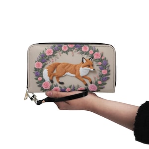 Sac renard vintage style fausse broderie imprimé portefeuille en cuir végétalien joli portefeuille portefeuille à fermeture éclair pour femme cadeau unique portefeuilles
