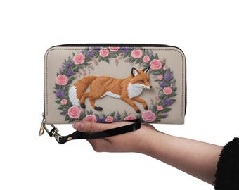 Vintage Fuchs Tasche Faux Embriodery Stil Druck Vegan Leder Brieftasche Niedliche Brieftasche Damen Reißverschluss Brieftasche Einzigartige Geschenk Brieftaschen