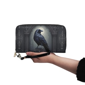 Carteira Gothic Raven Carteira de couro vegano Carteira fofa de couro vegano Carteira com zíper Carteira feminina com vários bolsos Ideia de presente única