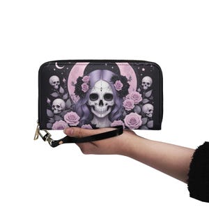 Carteira de caveira pastelgoth couro vegano carteira fofa carteira de couro vegano zíper carteira feminina fofa com vários bolsos ideia de presente única