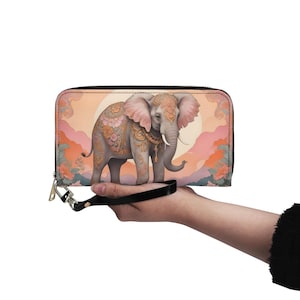 Carteira de arte de elefante Carteira de couro vegana Carteira fofa de couro vegano Carteira com zíper Carteira feminina fofa com vários bolsos Ideia de presente única