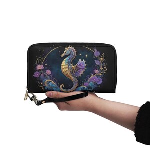 Carteira de couro vegano de cavalo-marinho fofa Carteira de couro vegano Carteira com zíper Carteira feminina fofa com vários bolsos