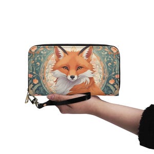 Carteira de couro vegano com estampa de arte Foxy Girl Carteira fofa de couro vegano Carteira com zíper Carteira feminina fofa com vários bolsos Ideia de presente exclusiva